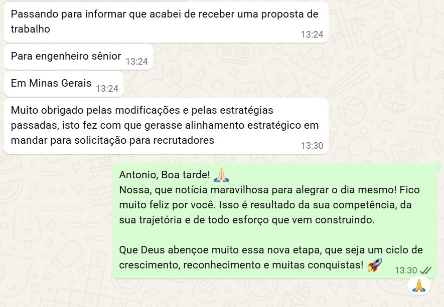 Mensagem de Antonio, cliente da Agência Oceana: Proposta para engenheiro sênior